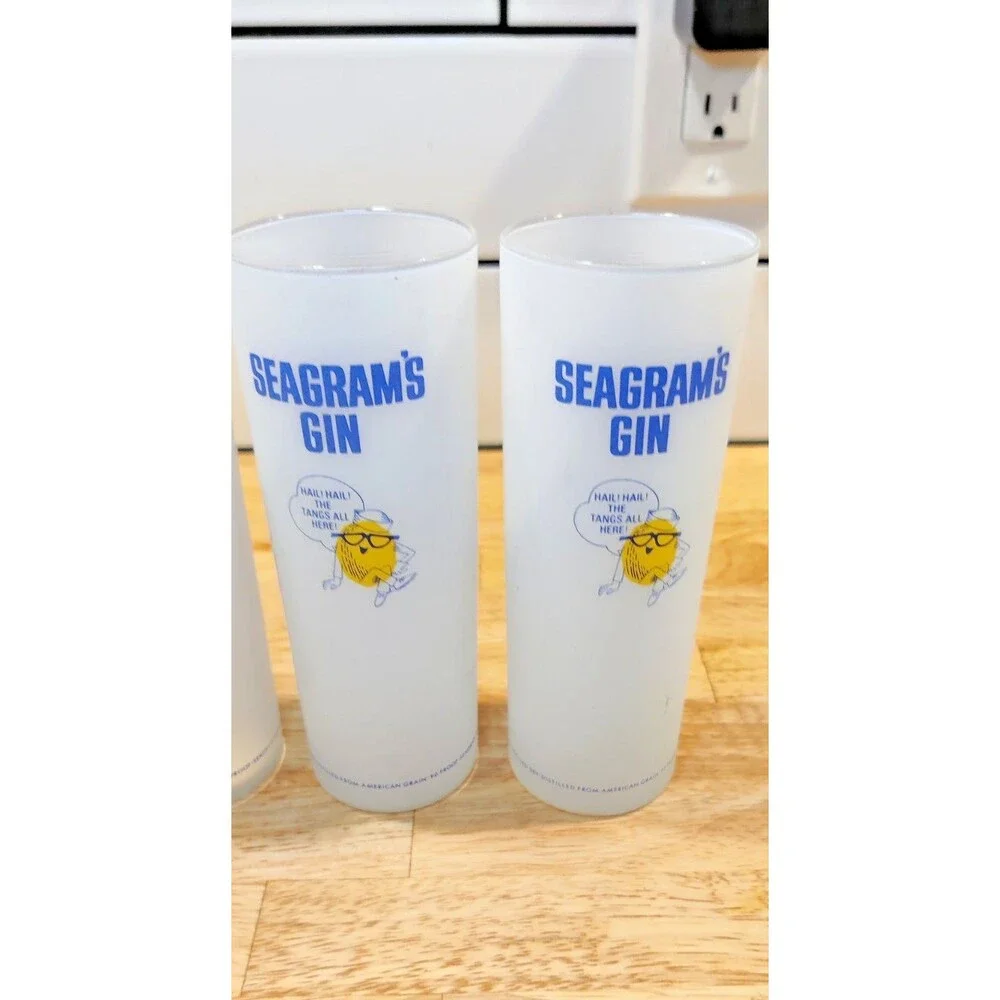 4 Seagram's Gin Glasses Collins 6.75” Tall Frosted Orange Lemon Highball
